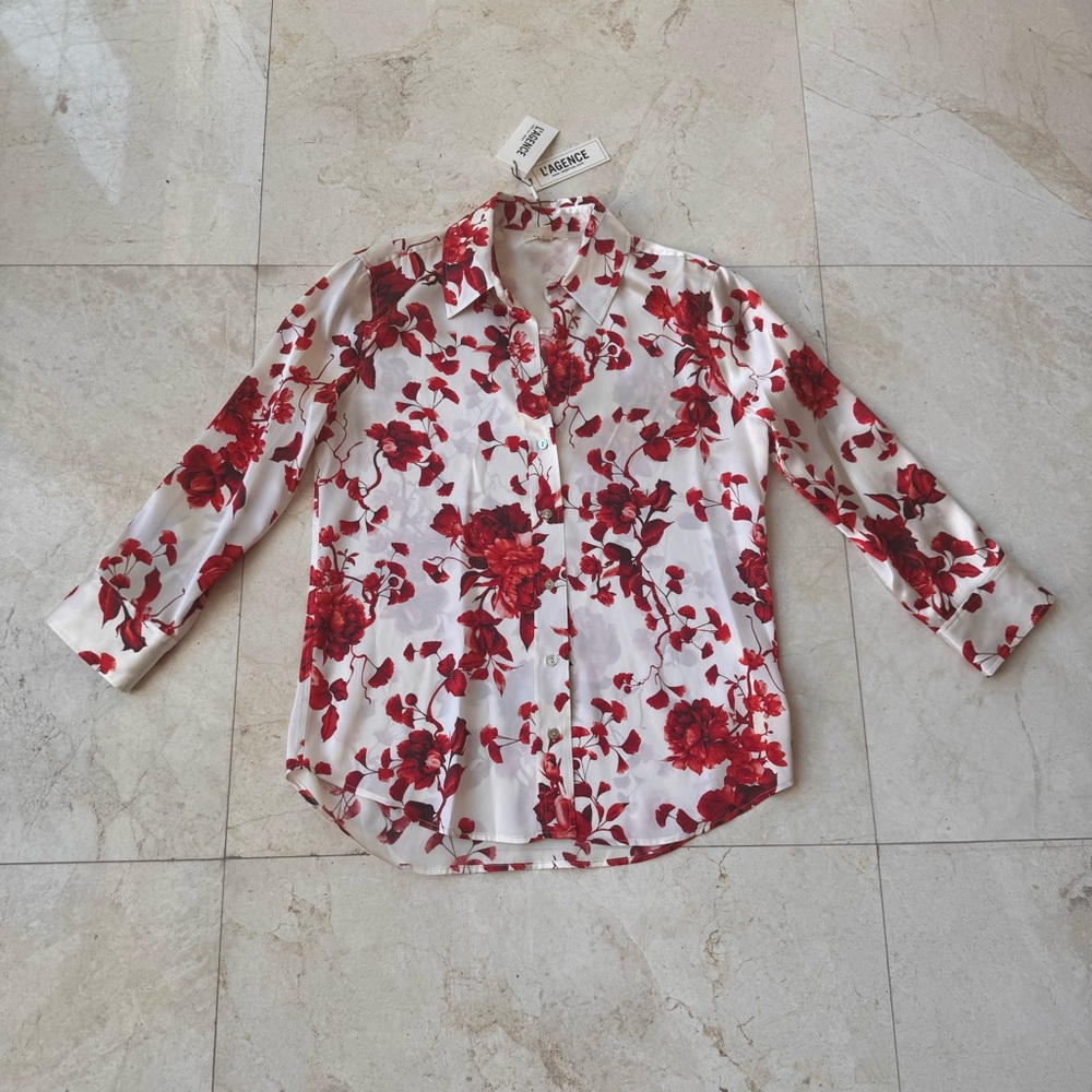 L’Agence Dani Silk Floral Red and White Blouse size XS - Picture 5 of 13